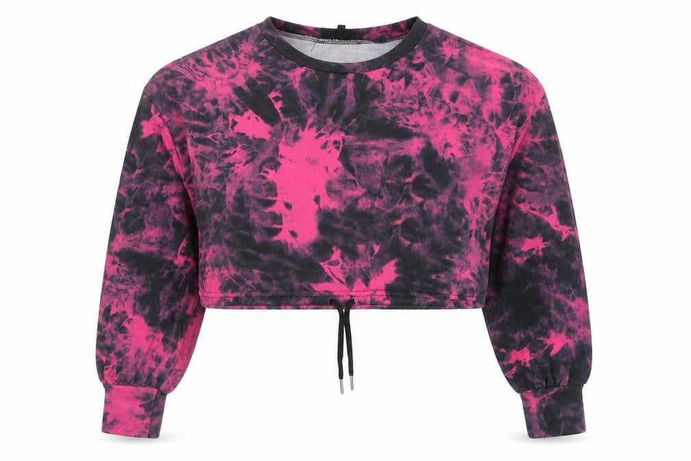 Front view of women’s pink polyester pullover sweatshirt, size UK 10, pullover - tie dye pattern, cropped