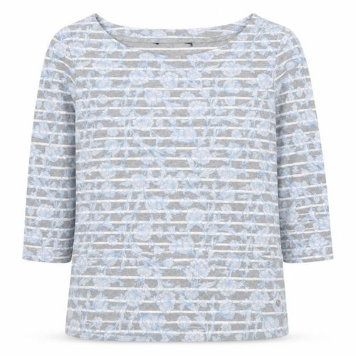 Maine Womens Grey Striped Polyester Jersey T-Shirt Size 14 Round Neck - Flower Detail