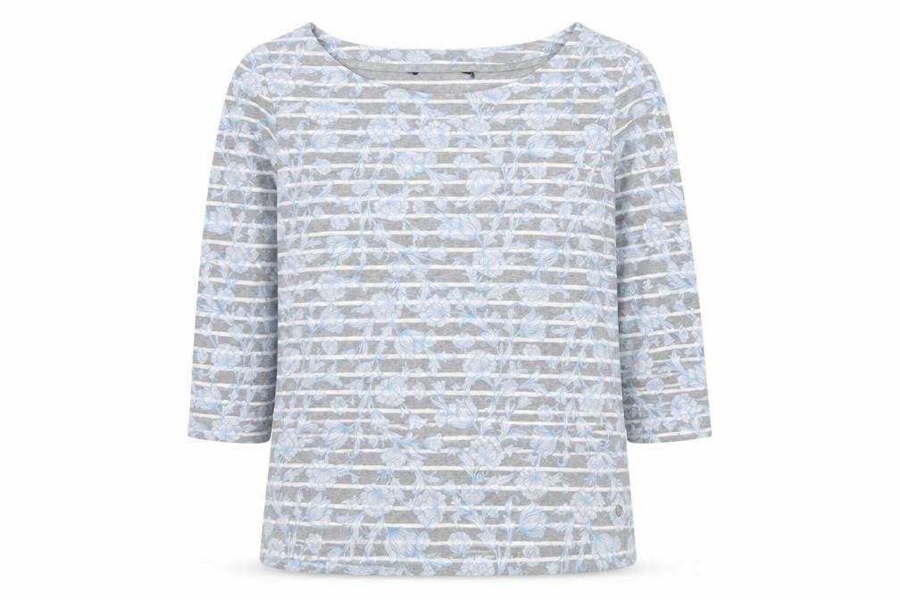 Maine Womens Grey Striped Polyester Jersey T-Shirt Size 14 Round Neck - Flower Detail