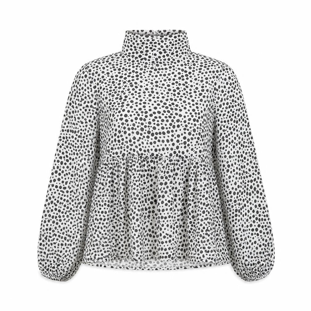 Front view of I SAW IT FIRST women’s white polka dot polyester tunic blouse, size UK 8, high neck