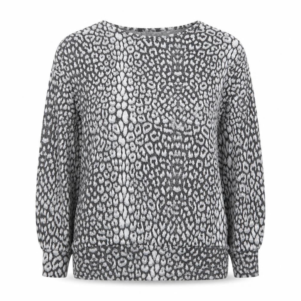 Front view of Peacocks women’s grey round neck animal print polyester jumper, size S