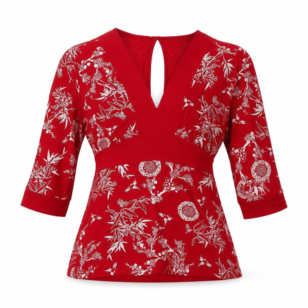 Front view of Zuppe women’s red floral viscose basic blouse, size UK 10, v-neck