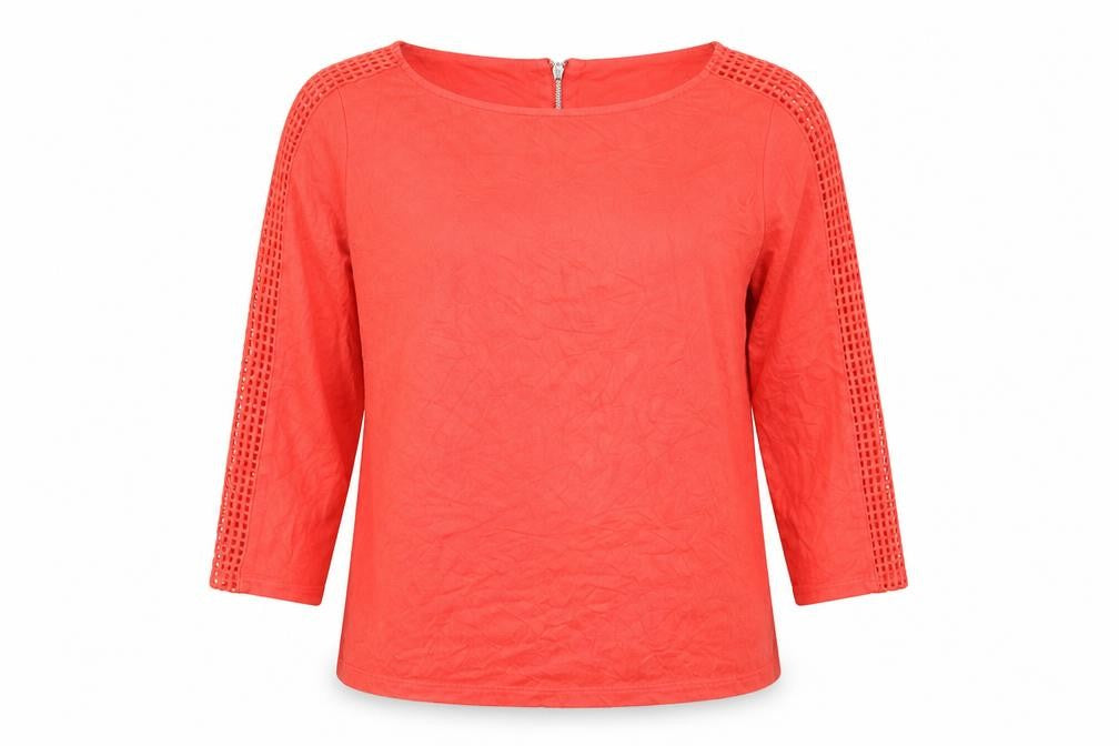 Front view of Marks & Spencer women’s orange viscose basic blouse, size UK 10, boat neck