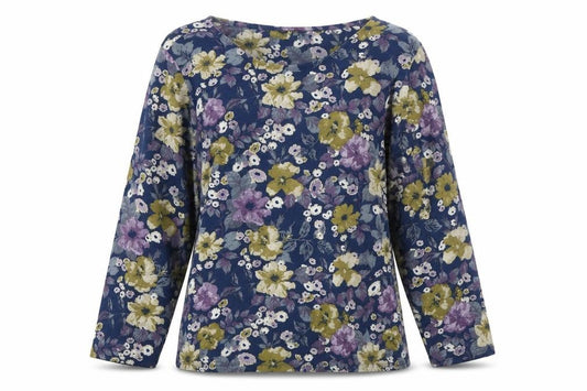 Front view of EWM women’s multicoloured floral polyester basic blouse, size S, boat neck