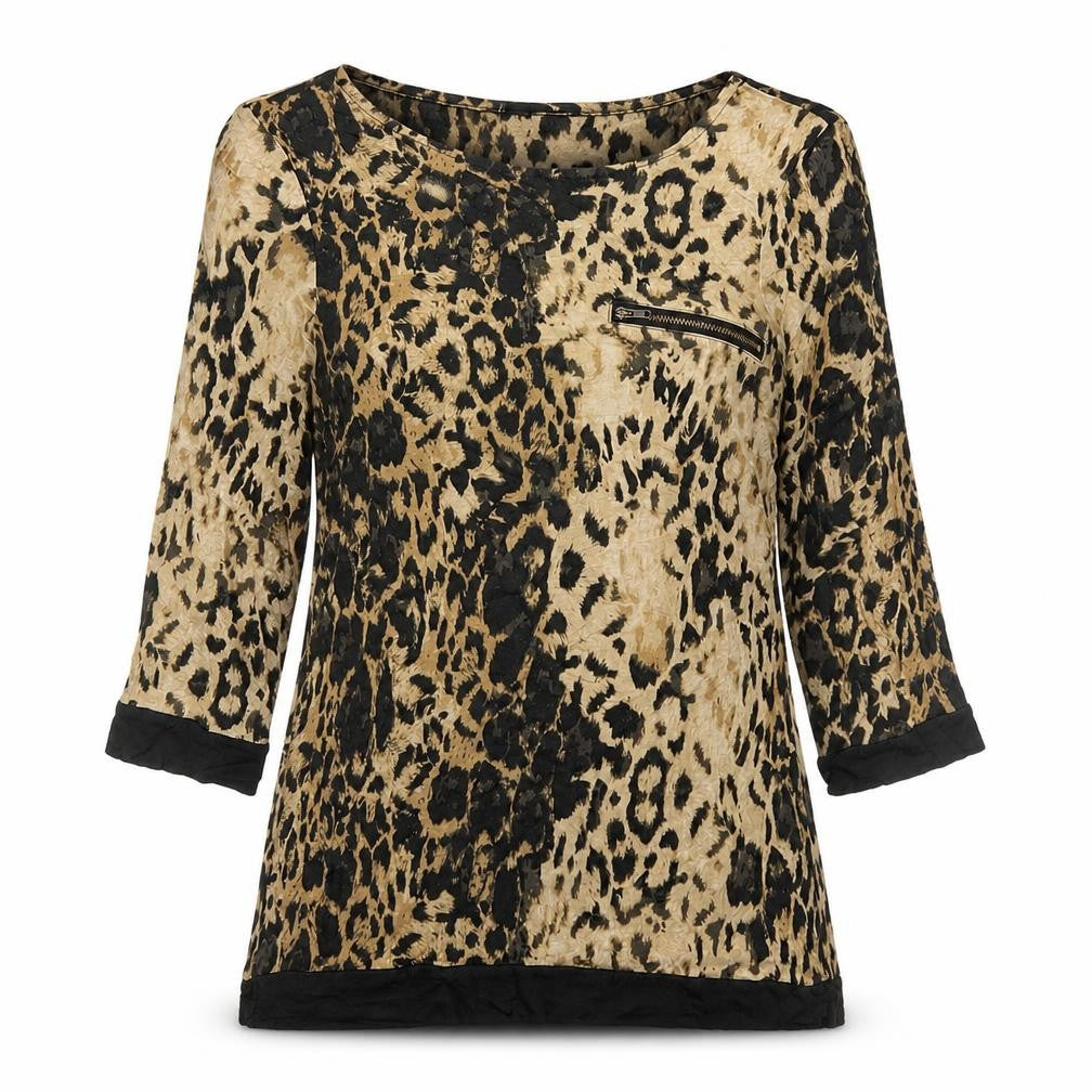 Front view of Next women’s brown animal print viscose basic blouse, size UK 12, boat neck