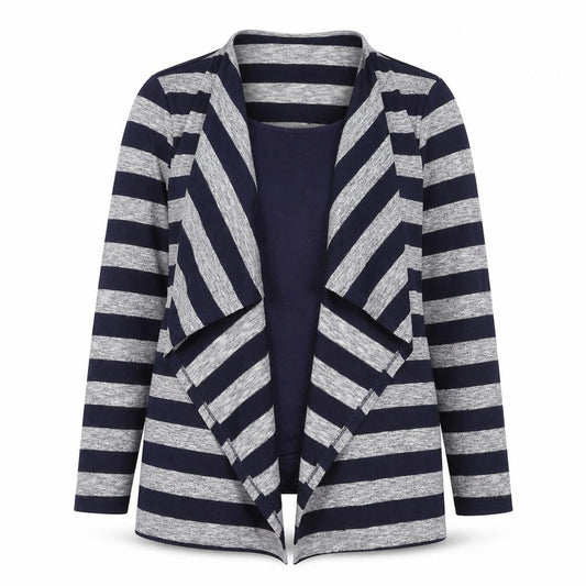 Front view of Bonmarché women’s blue striped polyester basic blouse, size UK 12, round neck