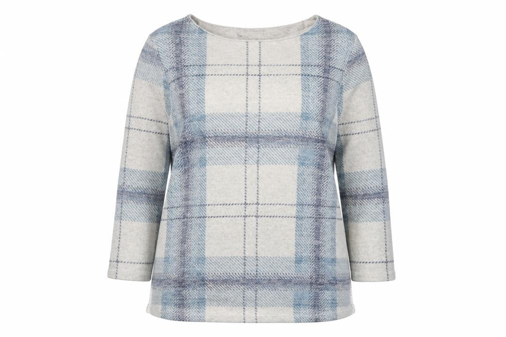 Front view of women’s blue plaid polyester pullover sweatshirt, size UK 14, pullover