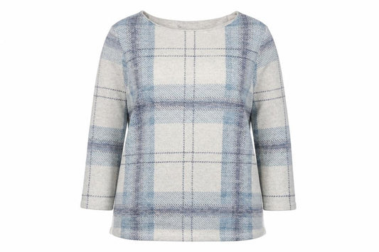Front view of women’s blue plaid polyester pullover sweatshirt, size UK 14, pullover