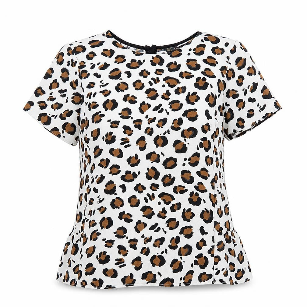 Front view of Zara women’s white animal print polyester basic t-shirt, size M, round neck