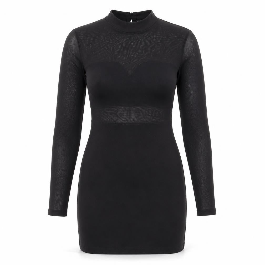 Front view of H&M women’s black polyester bodycon, size S, high neck button