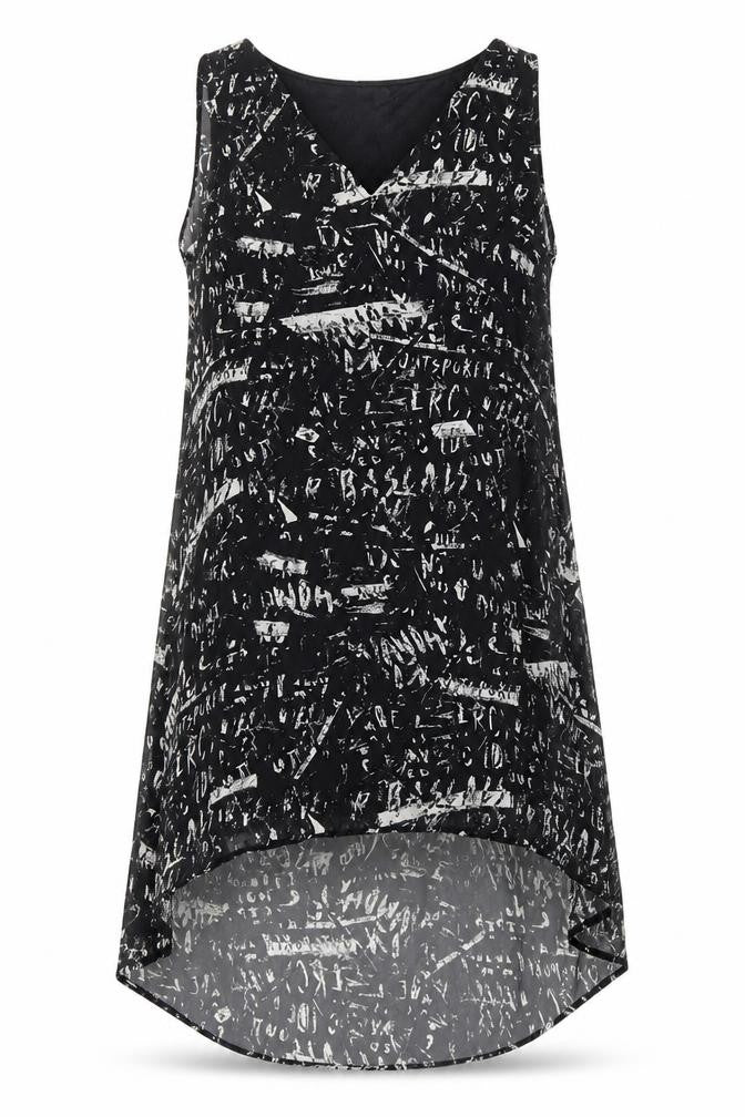 Front view of H&M women’s black geometric polyester tank dress, size UK 10, v-neck pullover