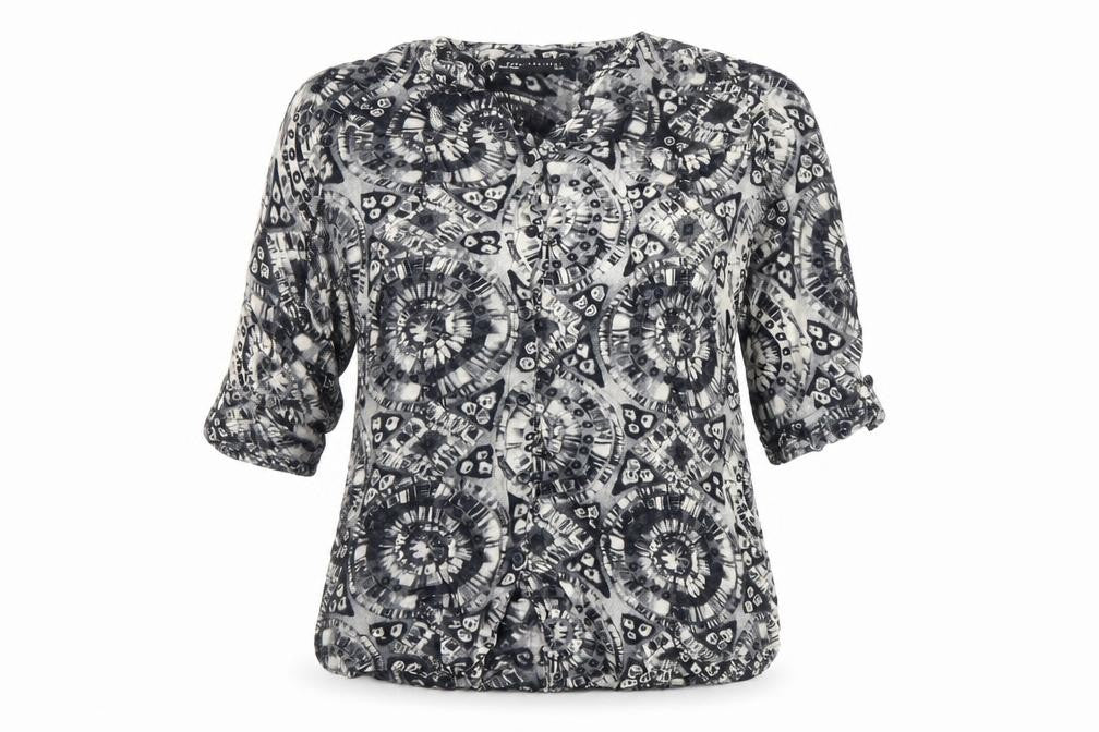 Front view of Zara women’s black geometric viscose basic blouse, size L, v-neck