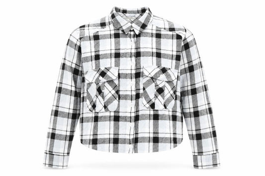 Front view of Marks & Spencer women’s blue plaid cotton cropped button-up, size UK 14, collared