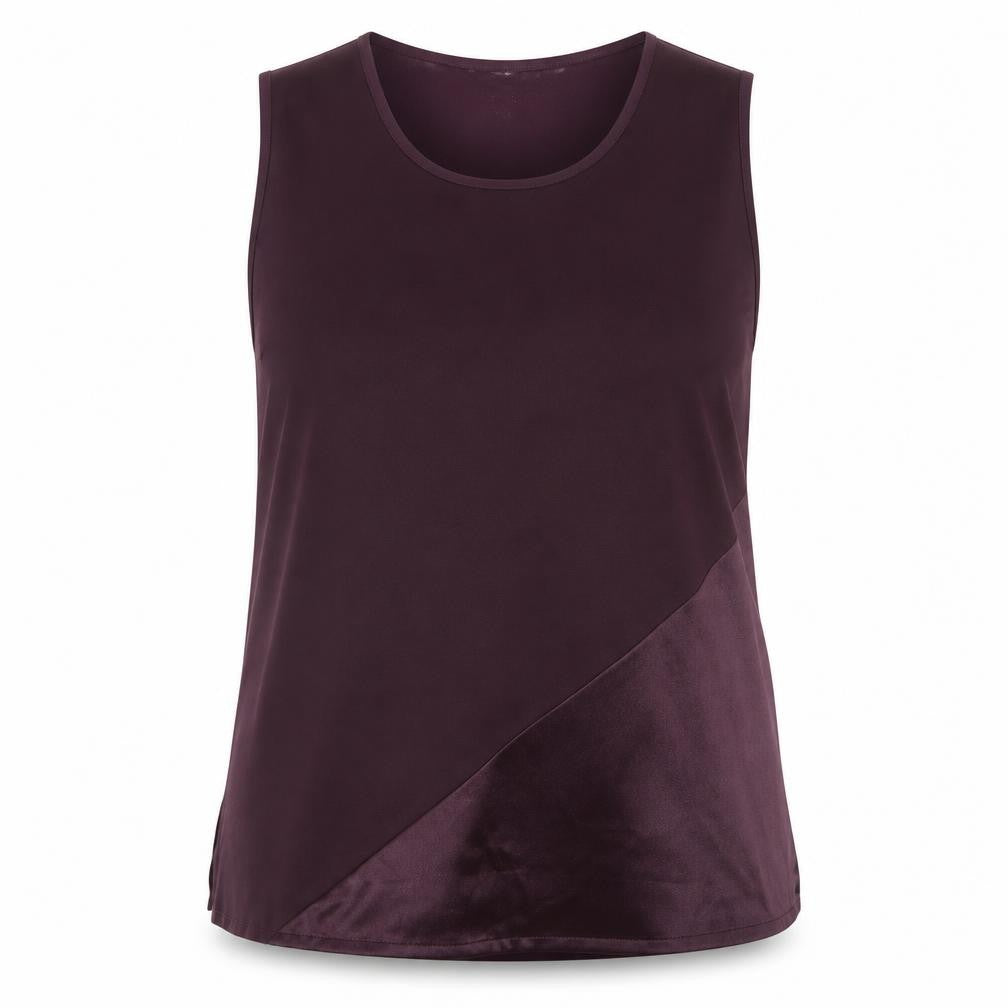 Front view of Kaleidoscope women’s purple polyester basic tank, size UK 20, scoop neck
