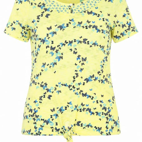 Marks and Spencer Womens Yellow Geometric Polyester Basic T-Shirt Size 8 Round Neck - Tie detail