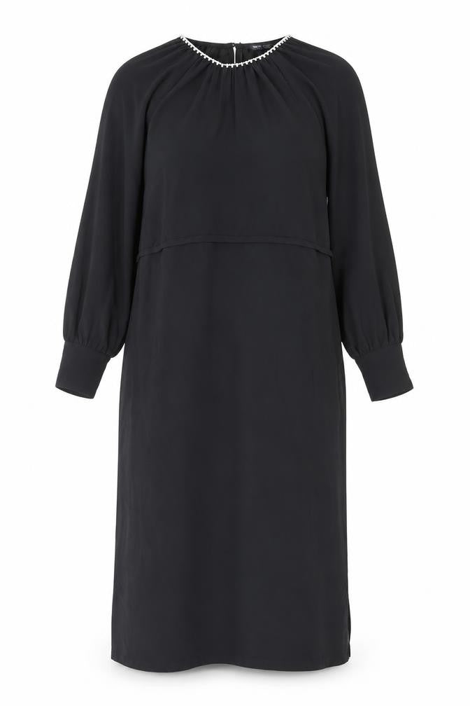 Front view of Marks & Spencer women’s black polyester shift, size UK 8, round neck button