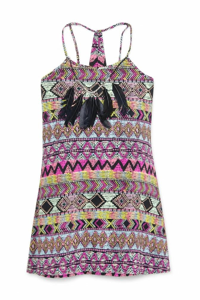 Front view of Ribbon women’s multicoloured geometric polyester basic tank, size UK 8, scoop neck