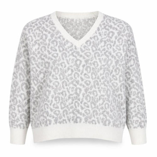 New Look Womens Grey V-Neck Animal Print Wool Pullover Jumper Size M - Leopard Print