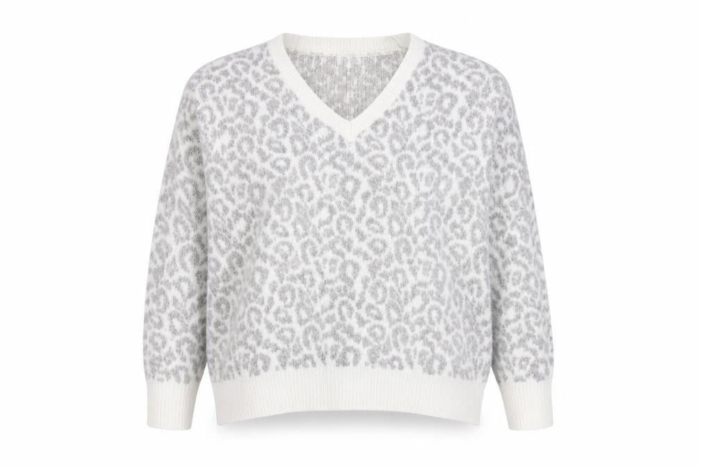 New Look Womens Grey V-Neck Animal Print Wool Pullover Jumper Size M - Leopard Print