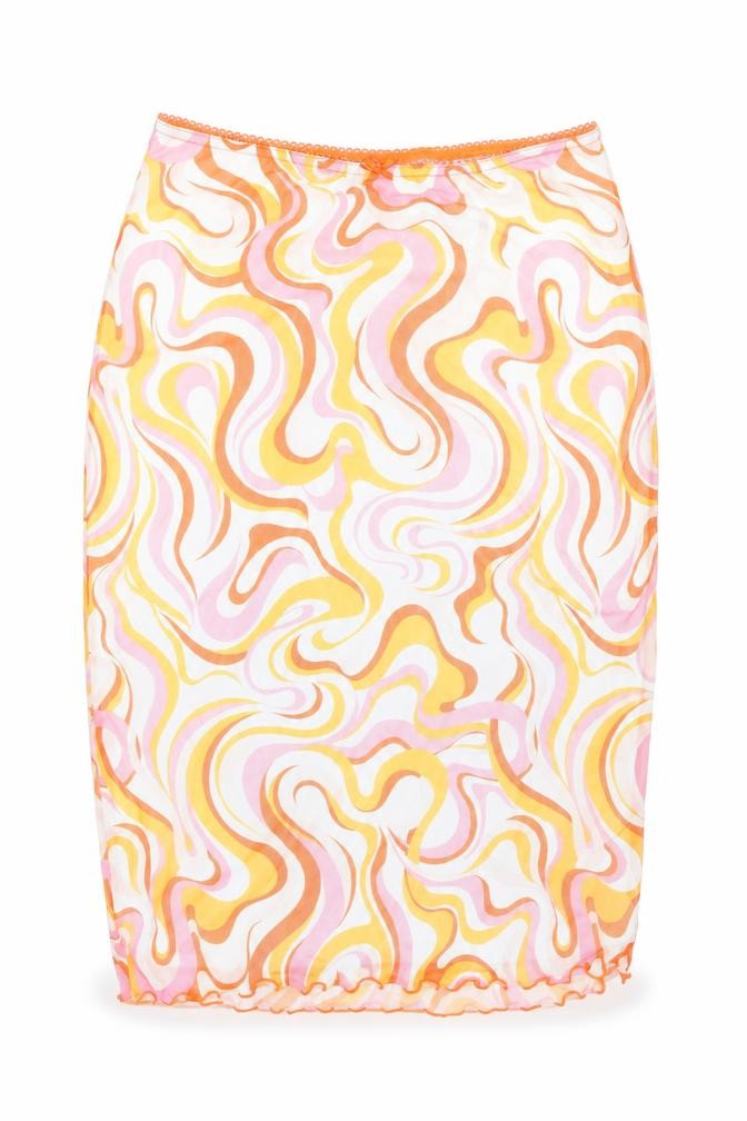 Front view of H&M women’s multicoloured geometric polyester straight & pencil skirt, size M, drawstring