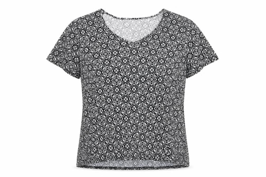 Front view of Bonmarché women’s black geometric polyester basic blouse, size L, v-neck