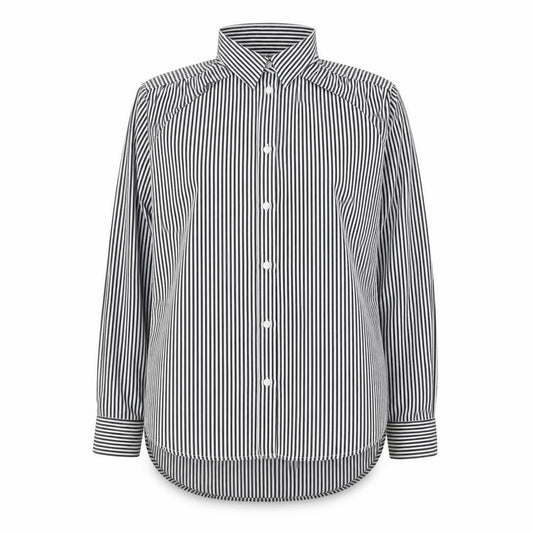 Front view of H&M women’s black striped polyester basic button-up, size M, collared