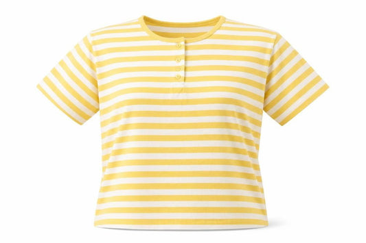 Front view of Paolucci women’s yellow striped polyester basic button-up, size S, round neck -, size S/m