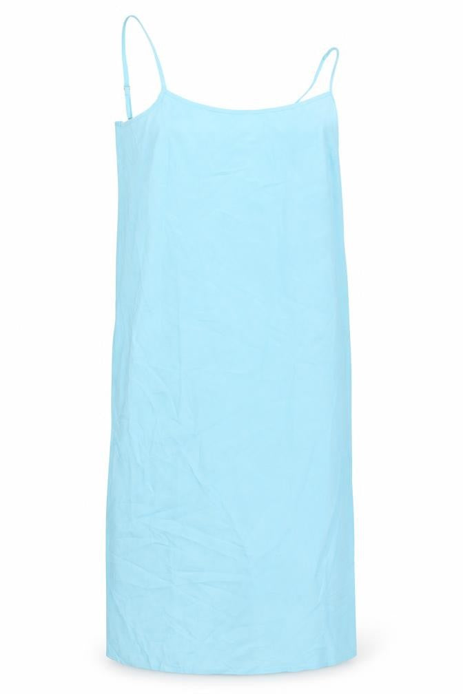 Front view of Marks & Spencer women’s blue polyester slip dress, size UK 6, square neck pullover