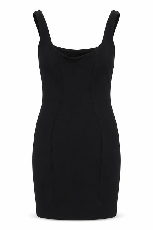 Front view of ASOS women’s black polyester bodycon, size UK 8, square neck pullover