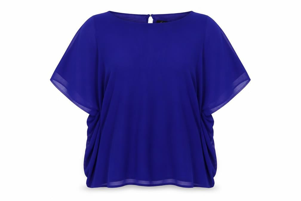 Front view of JD Williams women’s blue polyester tunic blouse, size UK 14, boat neck
