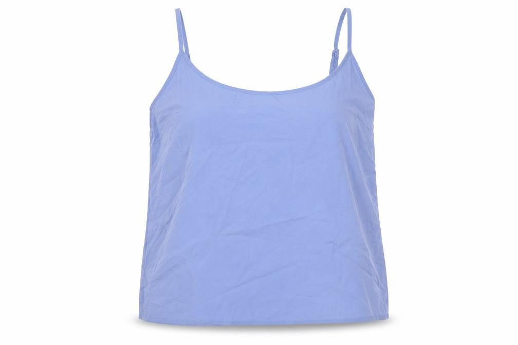 Front view of Marks & Spencer women’s blue polyester basic tank, size UK 12, v-neck