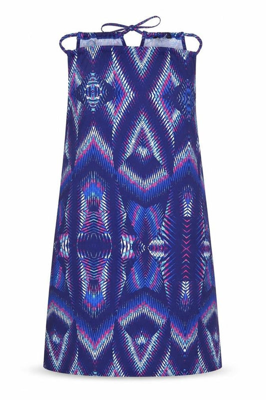 Front view of Kaleidoscope women’s blue geometric polyester shift, size UK 14, square neck pullover