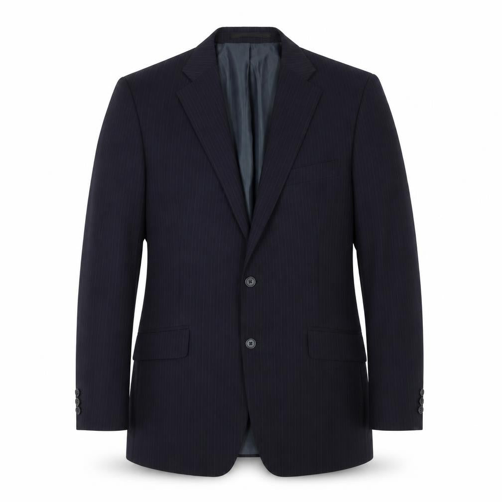 Front view of Marks & Spencer men’s blue striped polyester jacket suit jacket, size 40