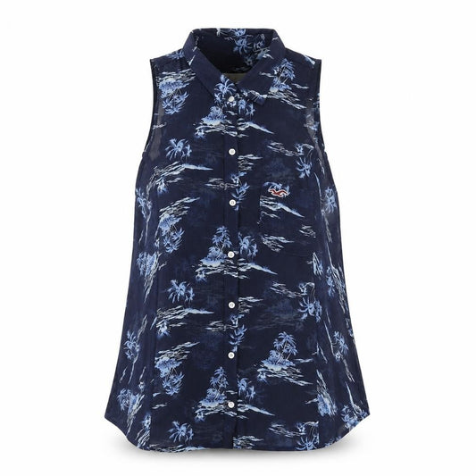 Front view of Hollister women’s blue geometric polyester basic button-up, size S, collared - palm tree