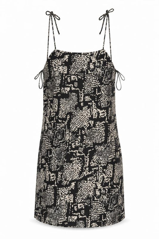 Front view of Zara women’s black geometric polyester slip dress, size M, square neck pullover