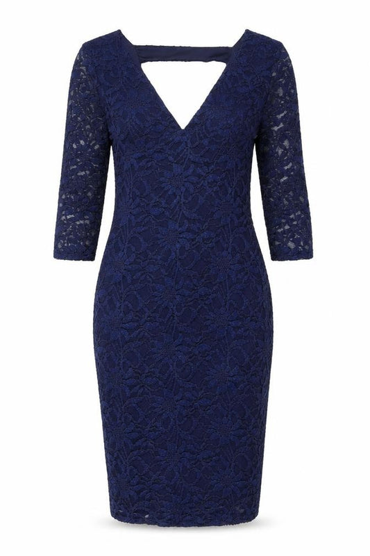 Front view of Quiz women’s blue nylon bodycon, size UK 12, v-neck pullover