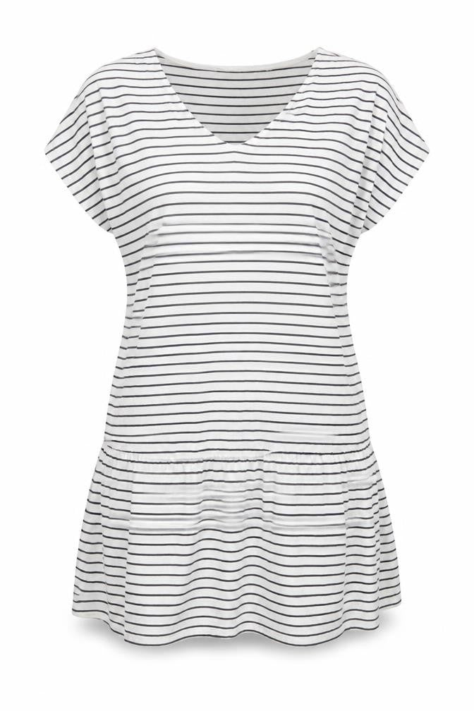 Front view of Next women’s white striped viscose mermaid, size UK 14, v-neck pullover