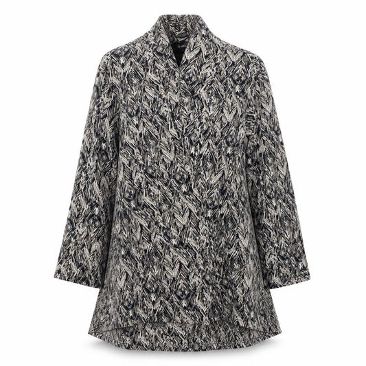 Front view of Le Bon Marché women’s multicoloured scoop neck geometric polyester cardigan jumper, size UK 12