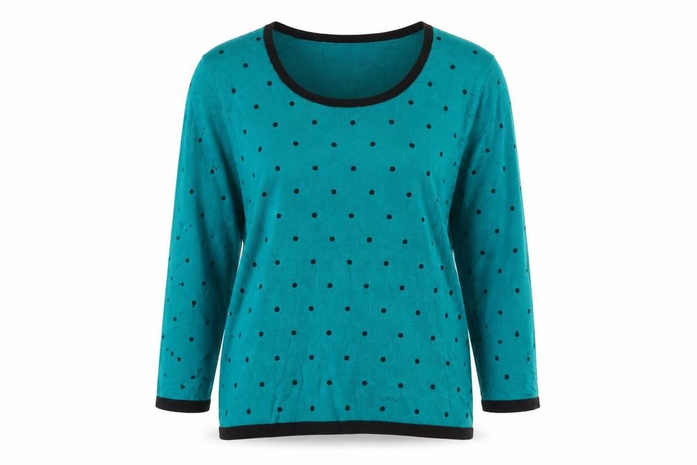 Front view of Precis women’s green round neck polka dot viscose jumper, size S