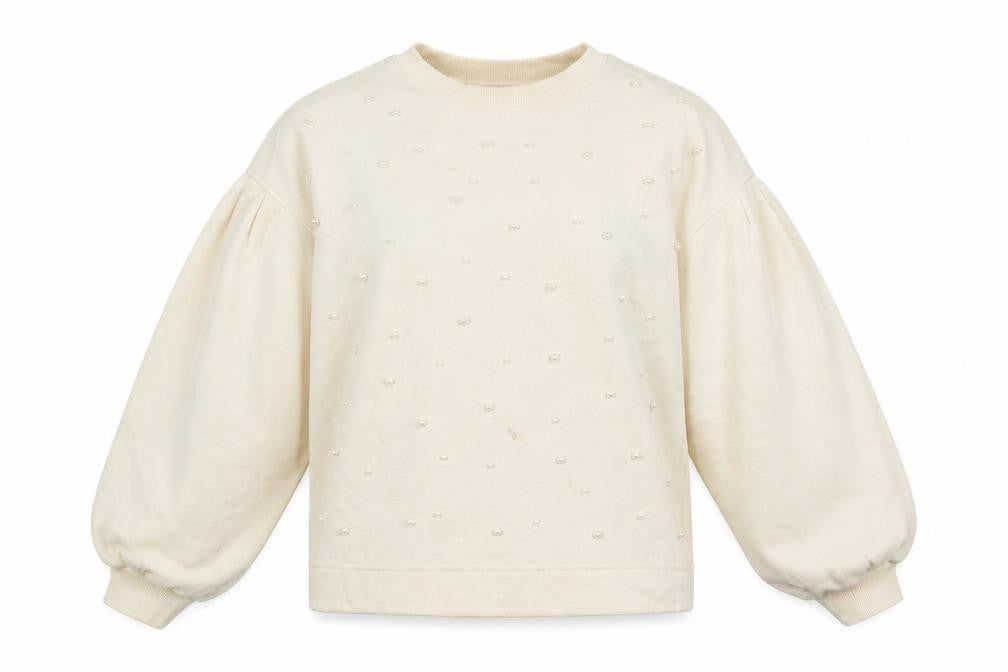 Front view of Zara women’s ivory cotton pullover sweatshirt, size S, pullover - balloon sleeves