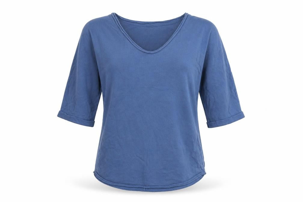 Front view of Per Una women’s blue scoop neck cotton jumper, size UK 8