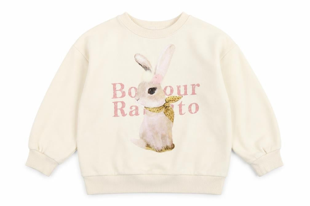 Front view of Boboyarn girls’ ivory polyester pullover sweatshirt, size 7, years pullover - rabbit