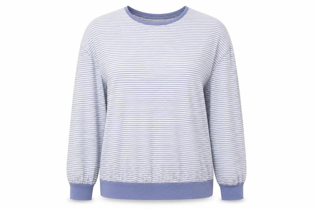 Front view of Primark women’s blue round neck striped polyester jumper, size XS