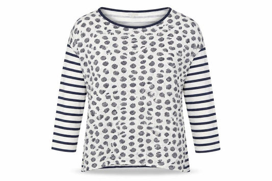 Front view of OVS women’s blue geometric polyester basic button-up, size M, round neck