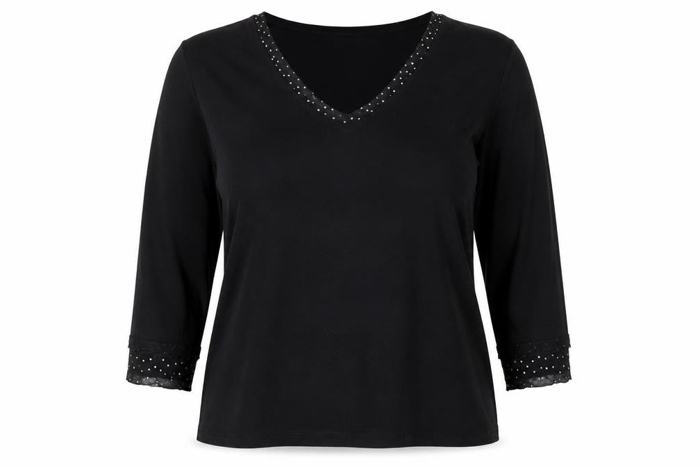 Front view of TIGI women’s black viscose basic blouse, size UK 16, v-neck