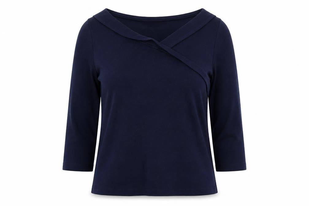 Front view of Marks & Spencer women’s blue viscose basic blouse, size UK 10, v-neck