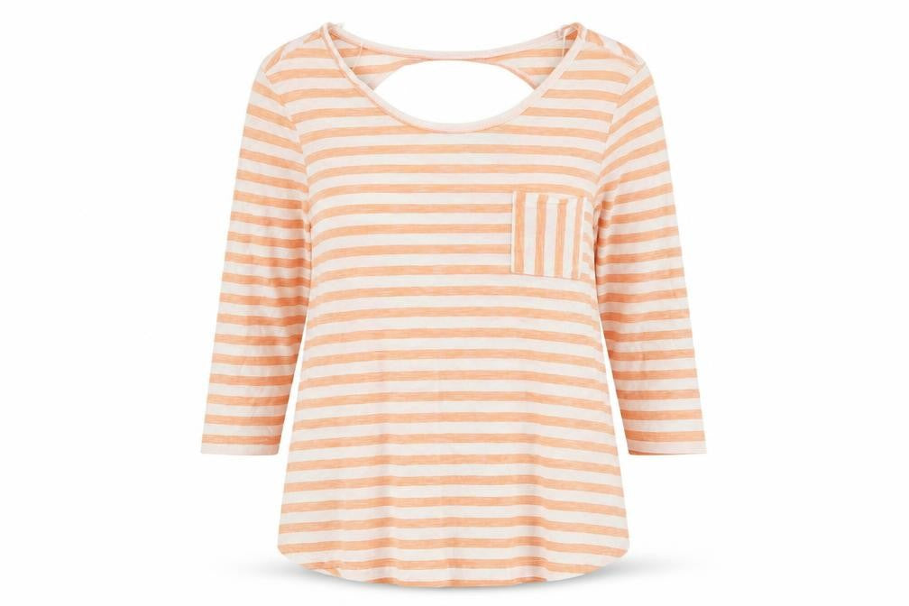 Front view of Tu women’s orange striped 100% cotton basic blouse, size UK 10, round neck