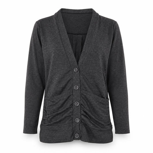 Front view of JUBZ women’s grey v-neck viscose cardigan jumper, size M, - ruched