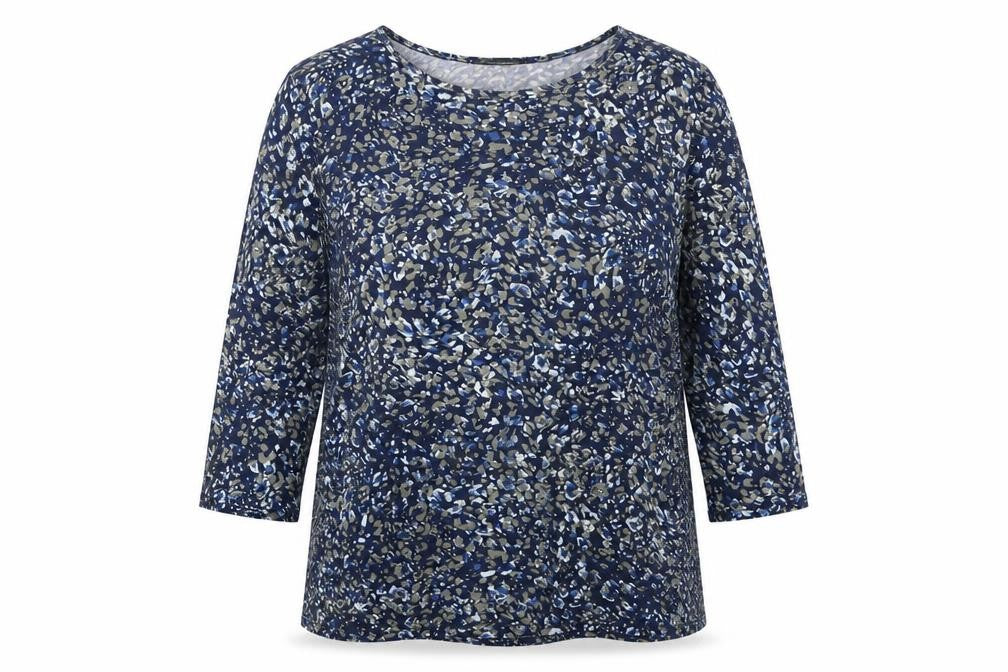 Front view of Alexara women’s blue geometric viscose basic button-up, size UK 18, boat neck