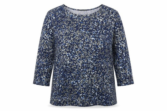 Front view of Alexara women’s blue geometric viscose basic button-up, size UK 18, boat neck